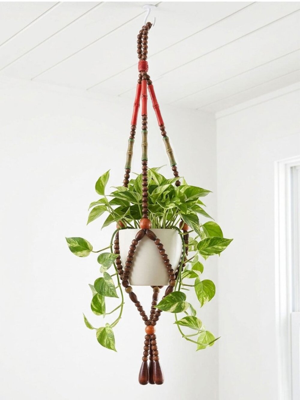 Vintage 70s Boho Beaded Wood Plant Hanger Mid Century Modern Retro Bamboo Accent
